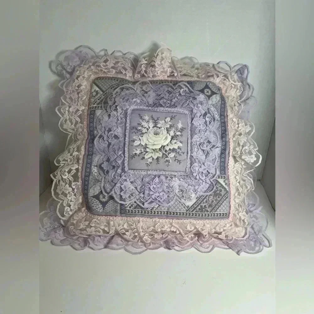 Vintage Cottage-core Lace Embroidered/ Quilted Pillow